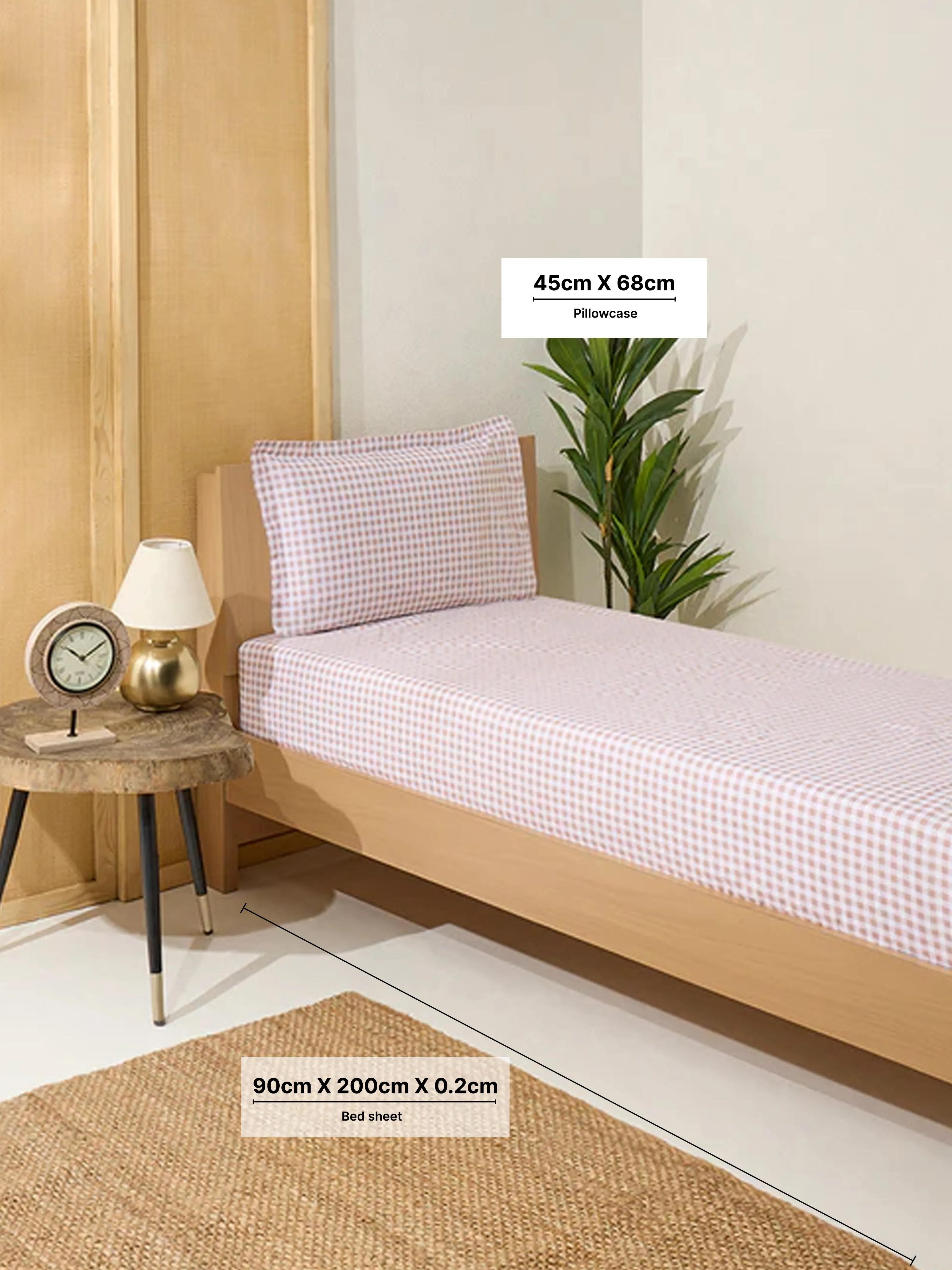 Westside Home Light Brown Gingham Checkered Single Bed Fitted Sheet and Pillowcase Set
