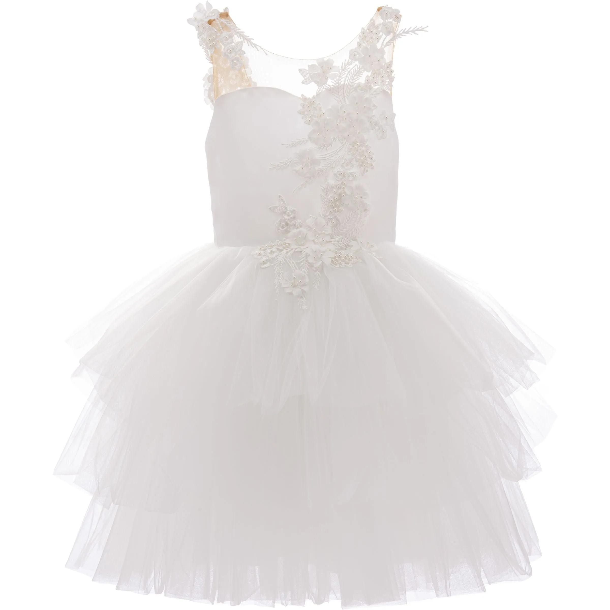 White Carnelian Floral Embroidered Tulle Dress