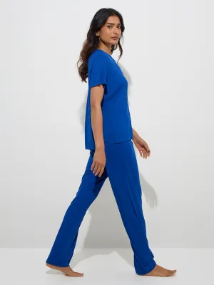Wunderlove Blue Ribbed High-Rise Lounge Pants