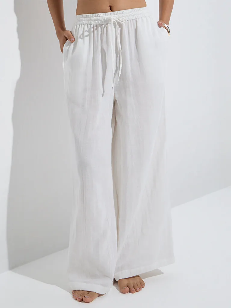 Wunderlove White Crinkle High-Rise Cotton Beach Pants