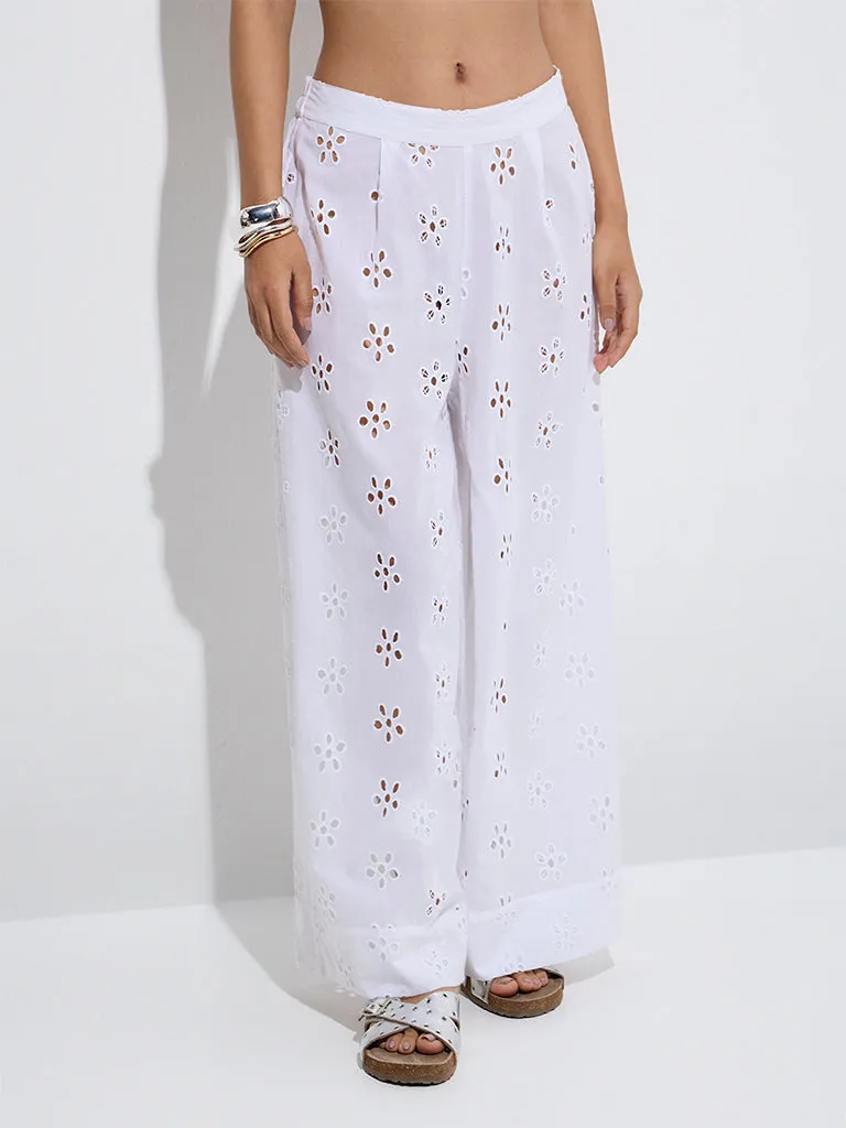 Wunderlove White Schiffli High-Rise Cotton Beach Pants