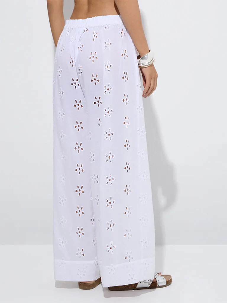 Wunderlove White Schiffli High-Rise Cotton Beach Pants