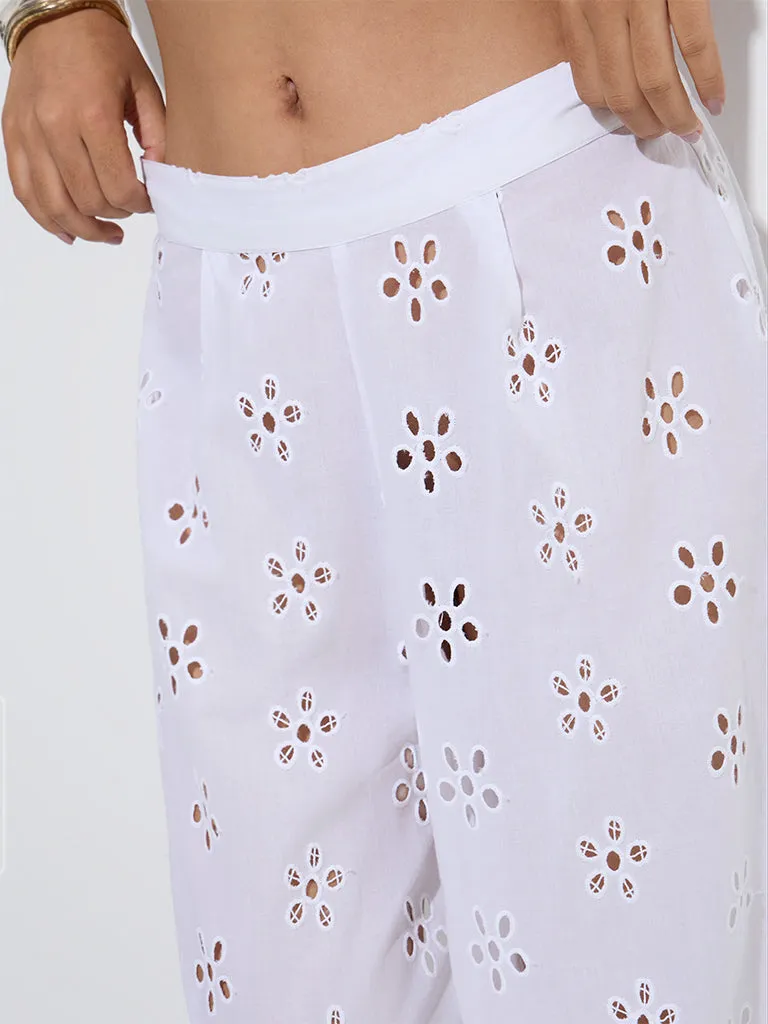 Wunderlove White Schiffli High-Rise Cotton Beach Pants