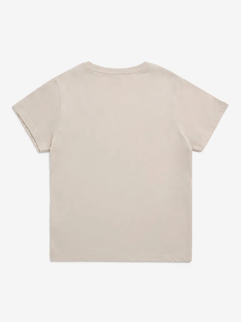 Y&F Kids Beige Text Embroidered Cotton T-Shirt