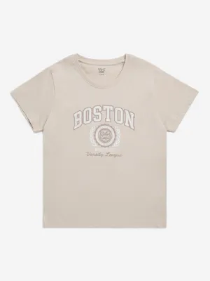Y&F Kids Beige Text Embroidered Cotton T-Shirt