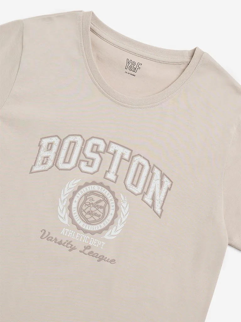 Y&F Kids Beige Text Embroidered Cotton T-Shirt