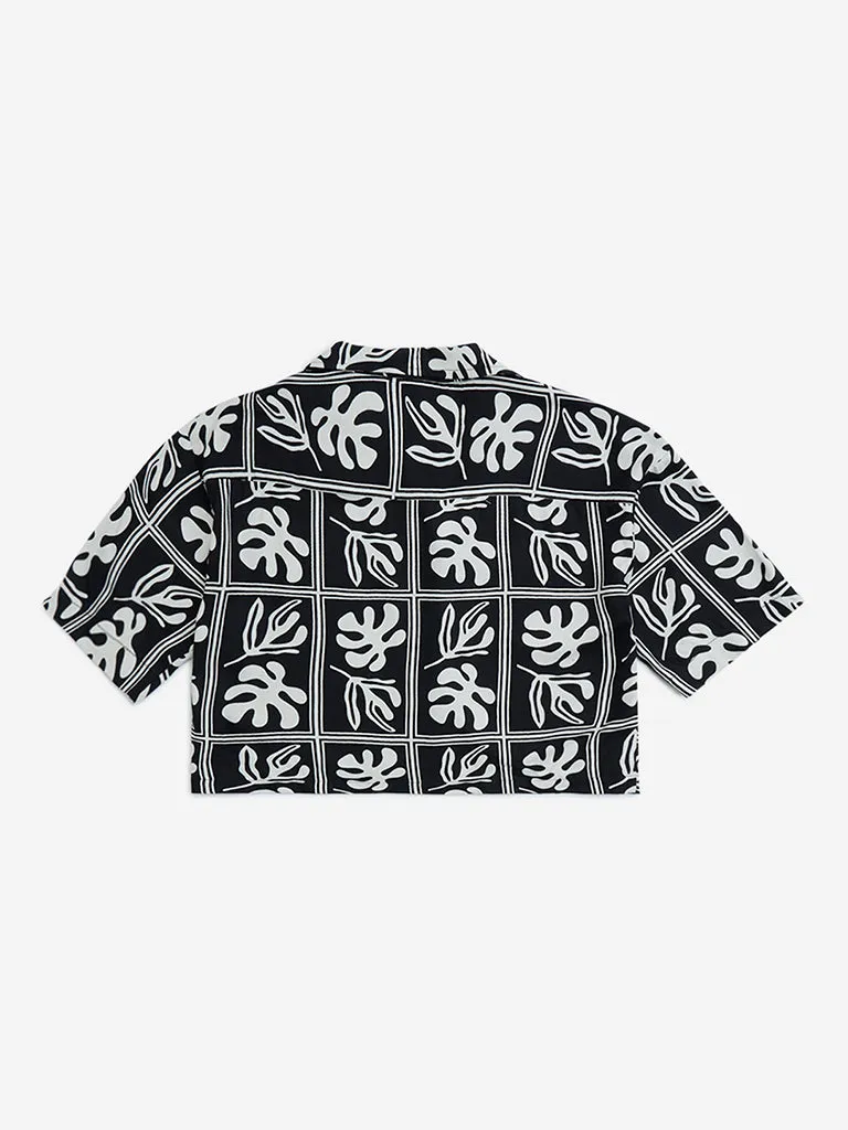 Y&F Kids Black Leaf Printed Shirt