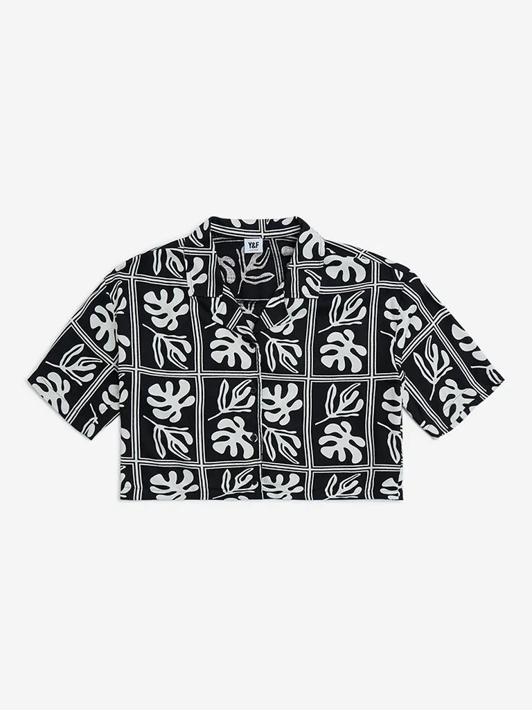 Y&F Kids Black Leaf Printed Shirt