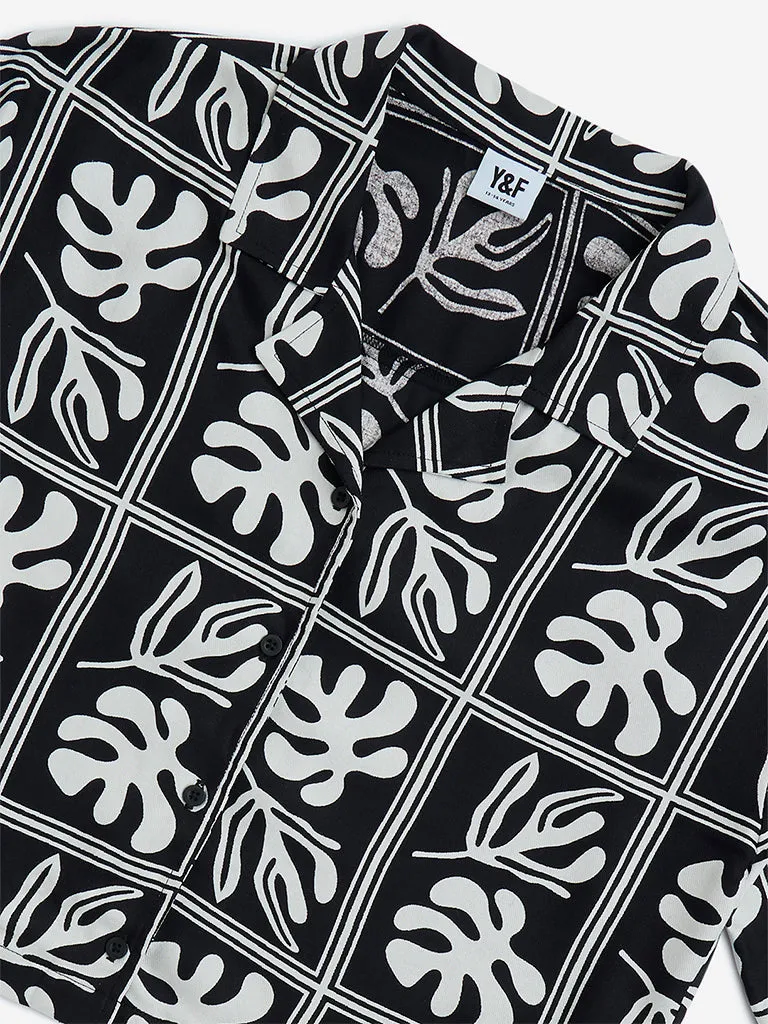 Y&F Kids Black Leaf Printed Shirt