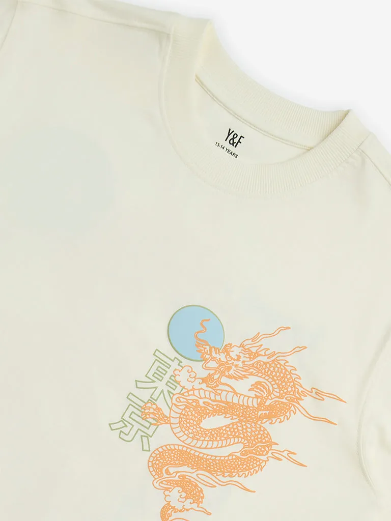 Y&F Kids Off-White Printed Cotton T-Shirt