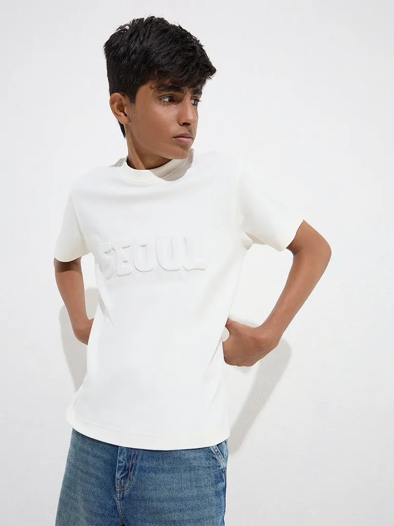 Y&F Kids Off-White Text Embossed Cotton T-Shirt