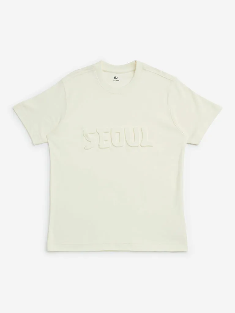 Y&F Kids Off-White Text Embossed Cotton T-Shirt