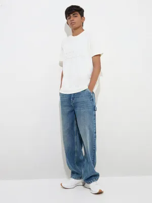 Y&F Kids Off-White Text Embossed Cotton T-Shirt